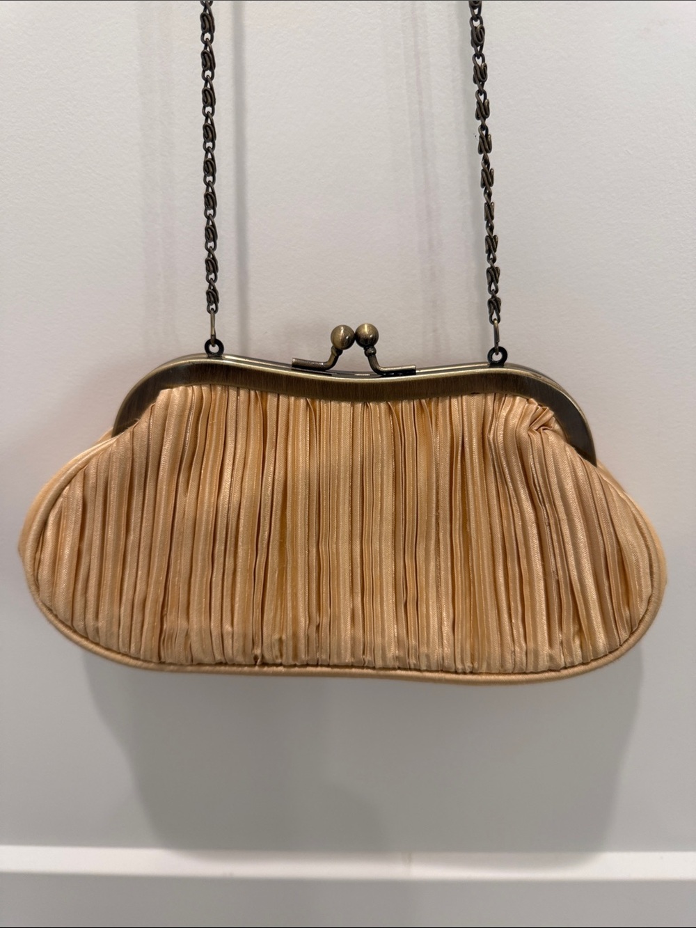 Elegant Pleated Champagne Satin Clutch with Chain Strap